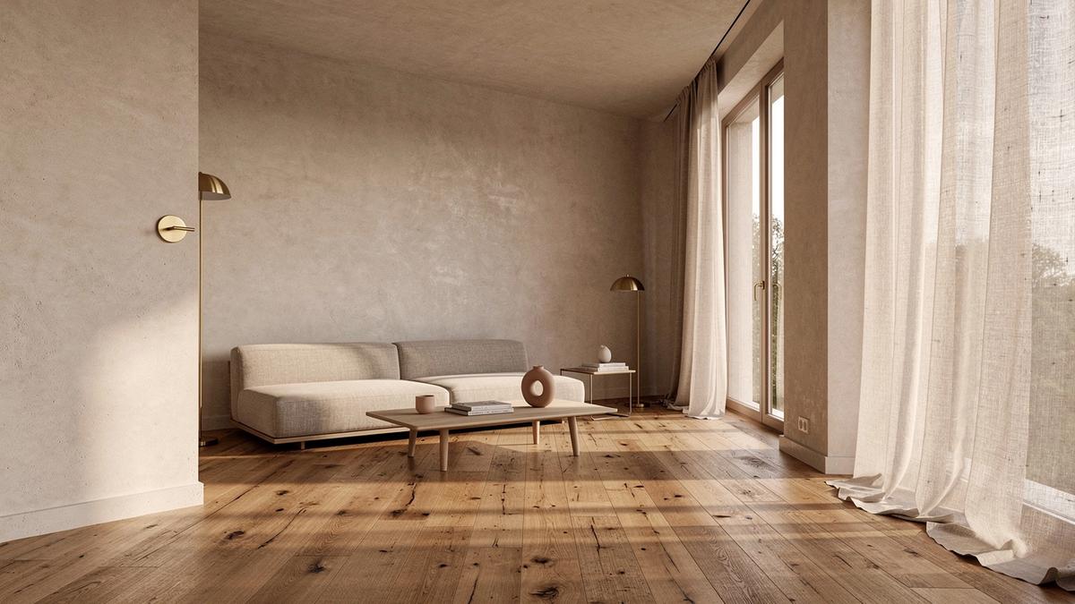 Podil Apartment after renovation — warm minimalist living room with solid oak floors and lime wash walls