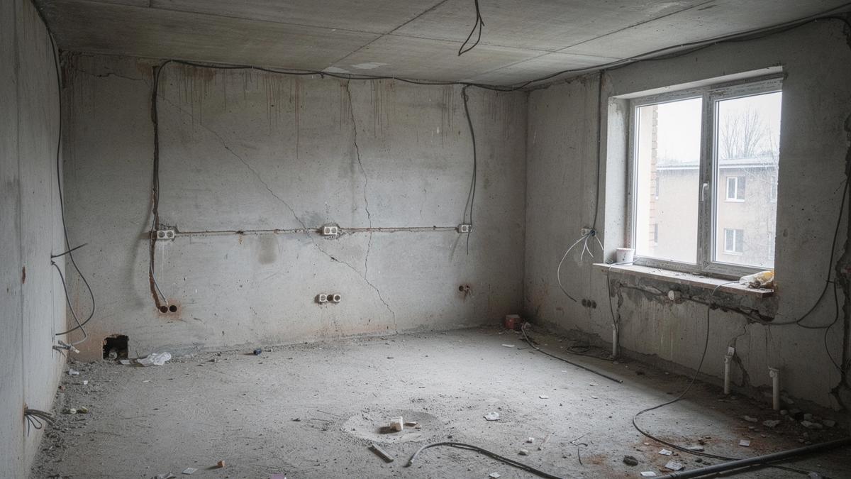 Podil Apartment before renovation — original unfinished concrete shell