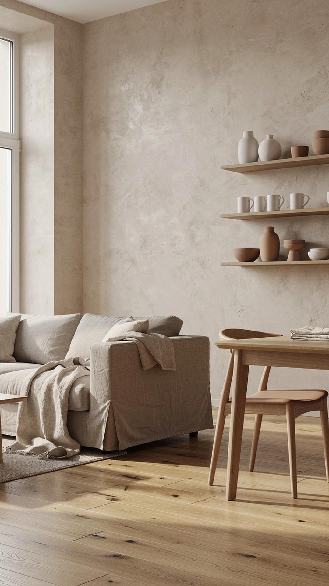Renovated Kyiv apartment interior with oak flooring and lime wash walls under soft natural light