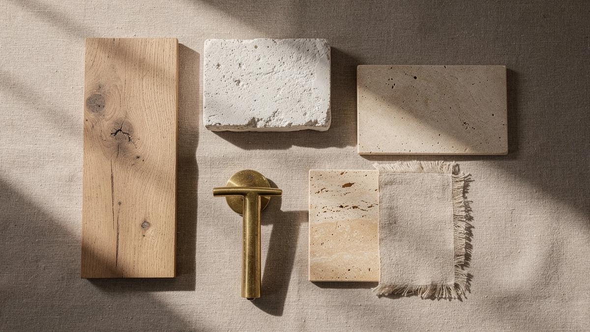 Interior material samples arranged on a linen-covered workbench in soft daylight