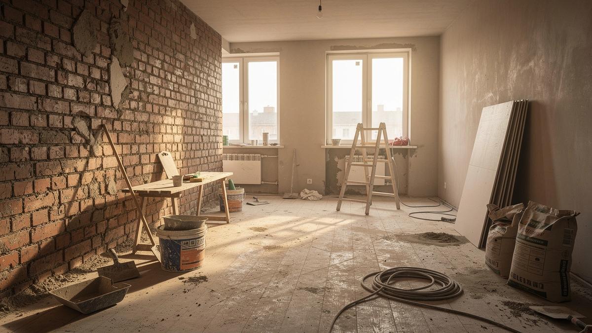Renovation site with exposed brick and freshly plastered walls mid-construction