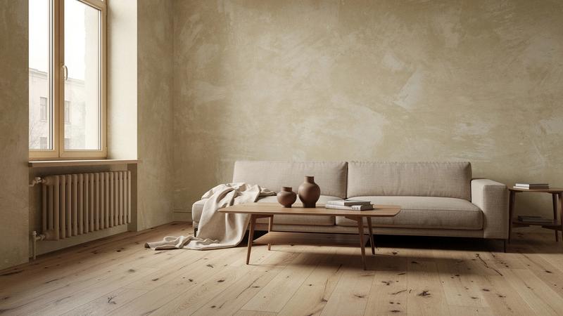 Renovated Kyiv apartment interior with solid oak flooring and lime wash walls in warm natural light