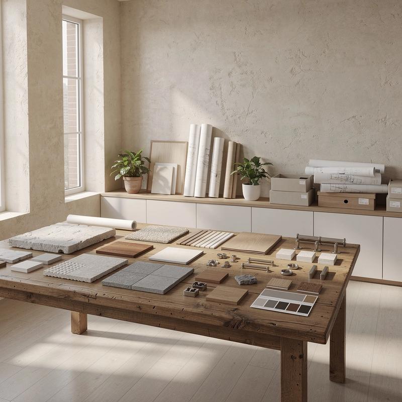 Studio Prostir atelier in Kyiv with material samples, lime-washed walls, and a drafting table