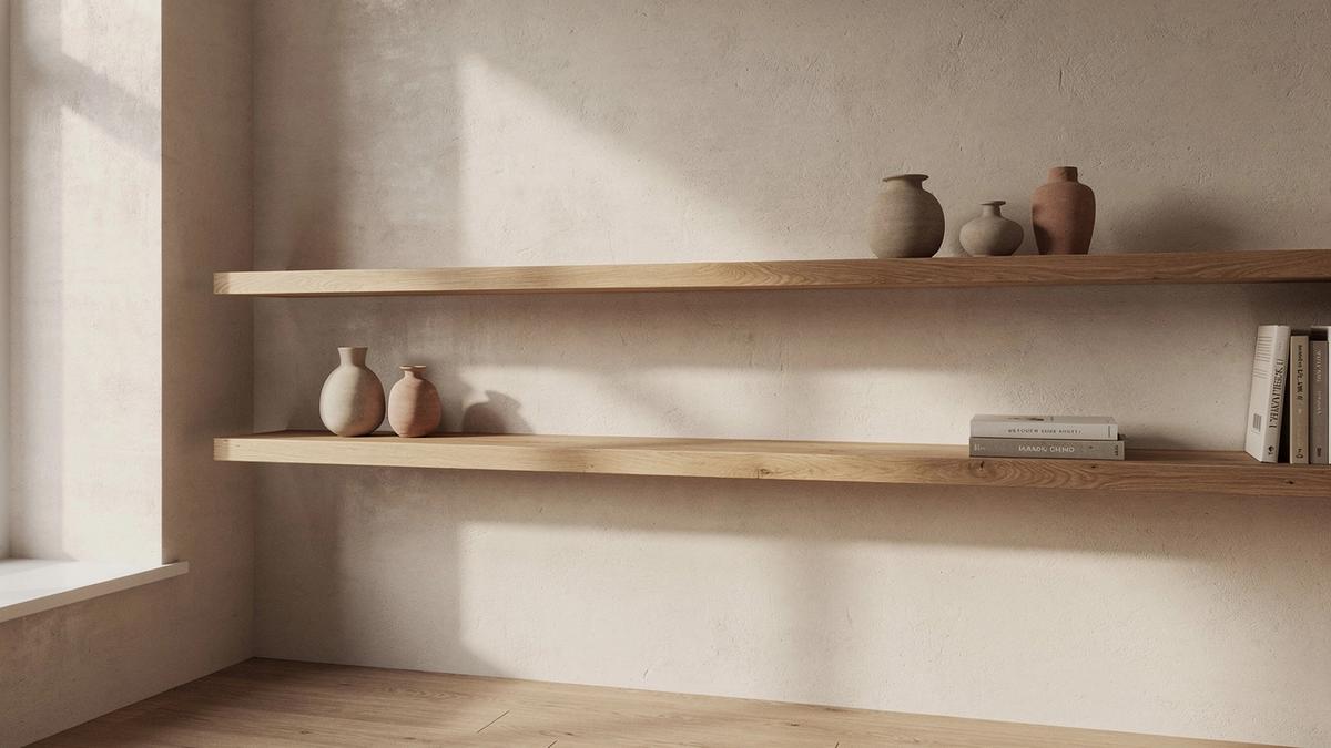 Warm minimalist interior with oak shelving and lime-washed walls in a Kyiv renovation by Studio Prostir.